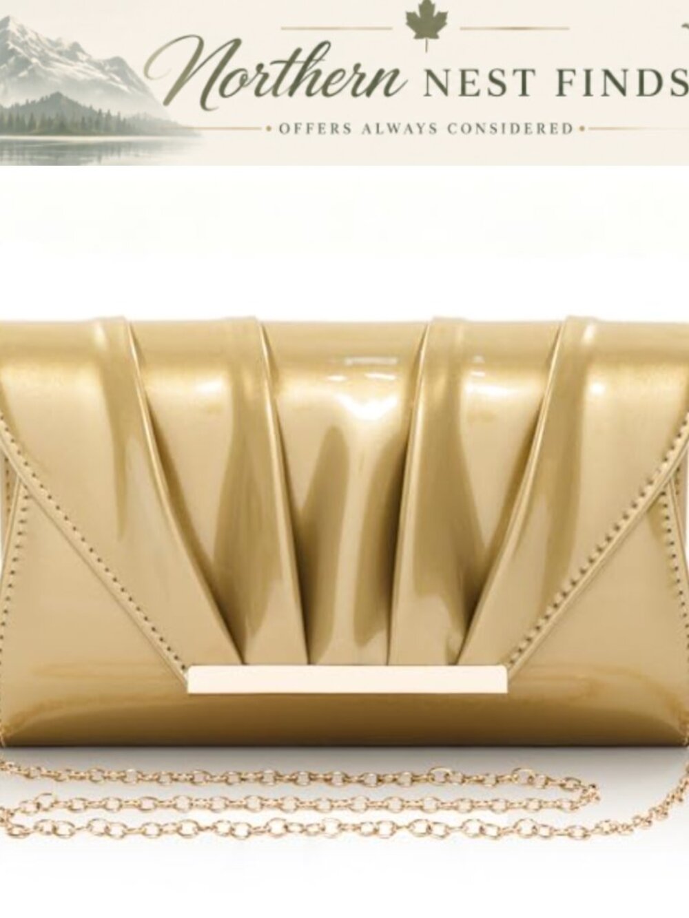 Pleated Patent Leather Envelope Clutch with Chain - Evening Crossbody Bag